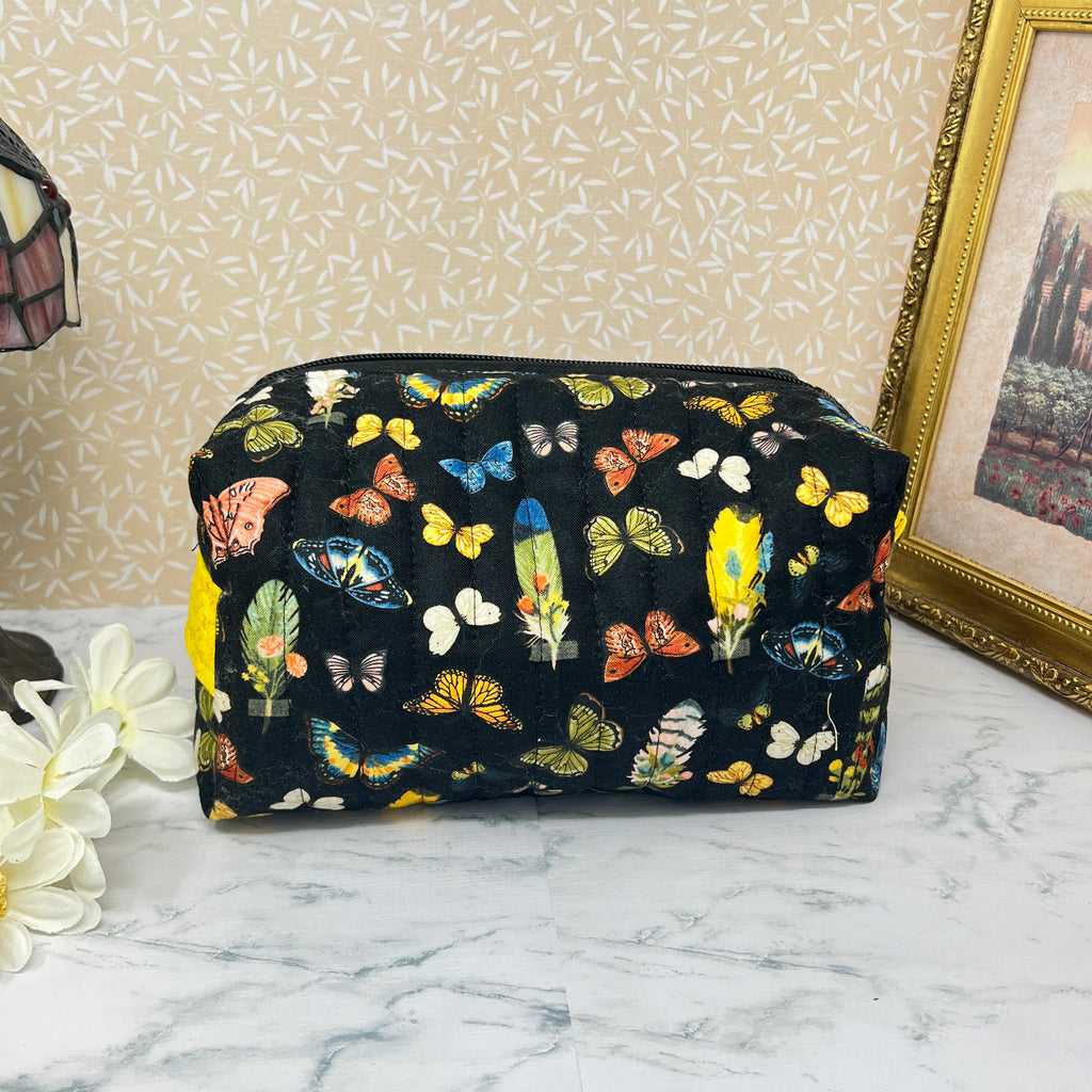 Large Quilted Boxy Zipper Bag - Feathers and Butterflies