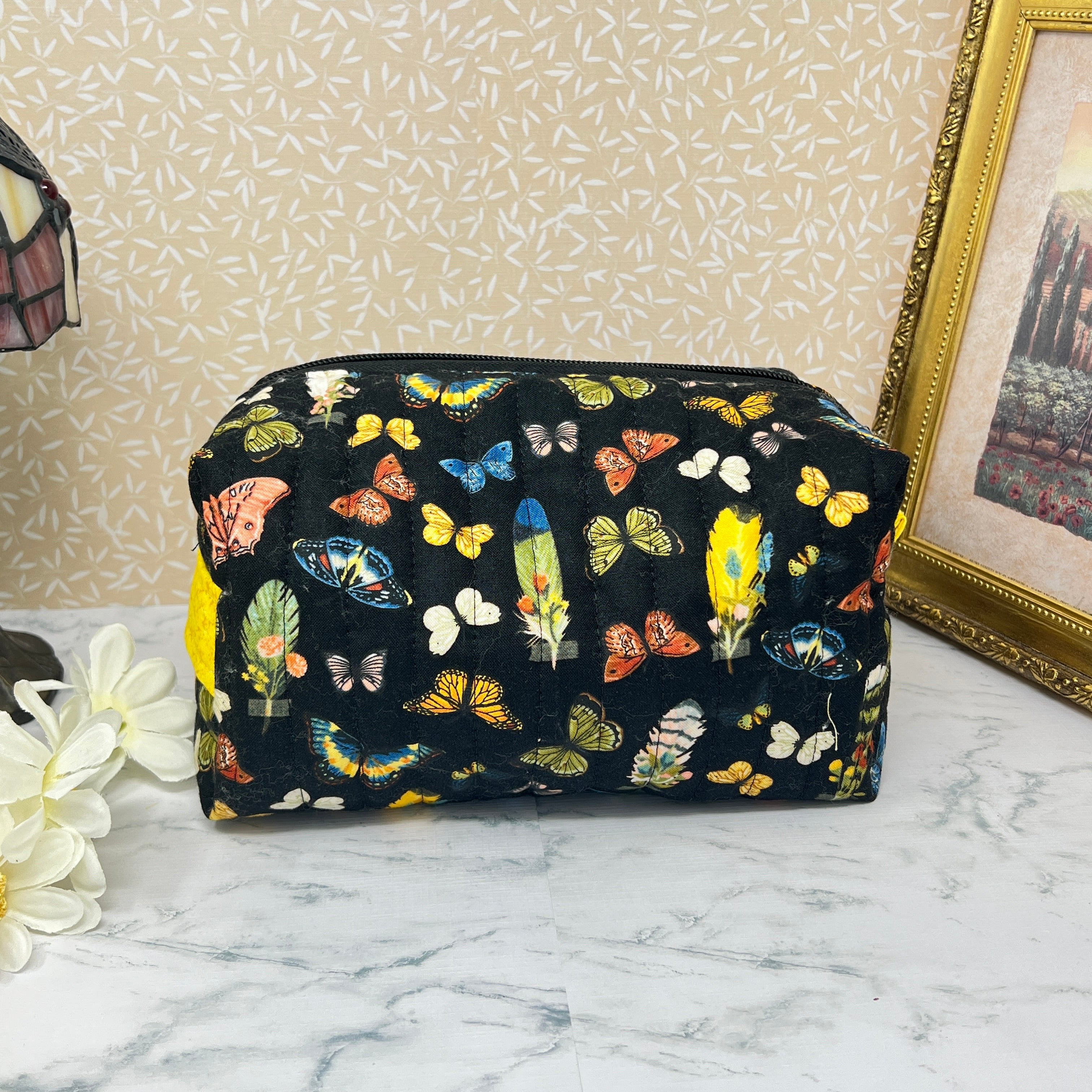 Large Quilted Boxy Zipper Bag - Feathers and Butterflies