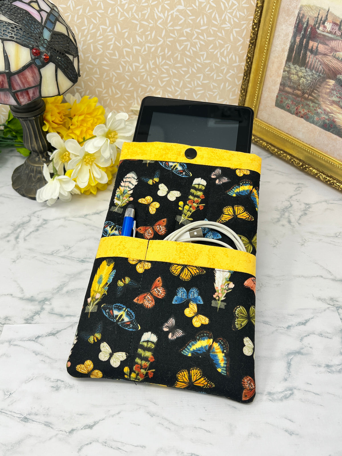 Feathers and Butterflies, Quilted E-reader Sleeve