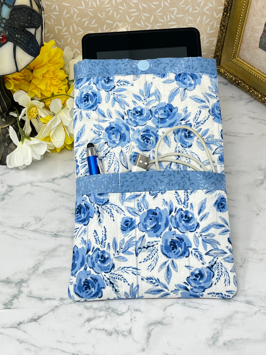 Blue Roses-  Quilted E-reader Sleeve