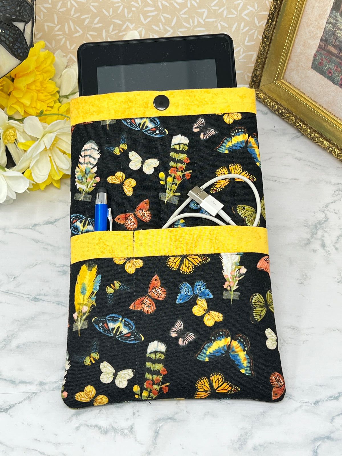 Feathers and Butterflies, Quilted E-reader Sleeve