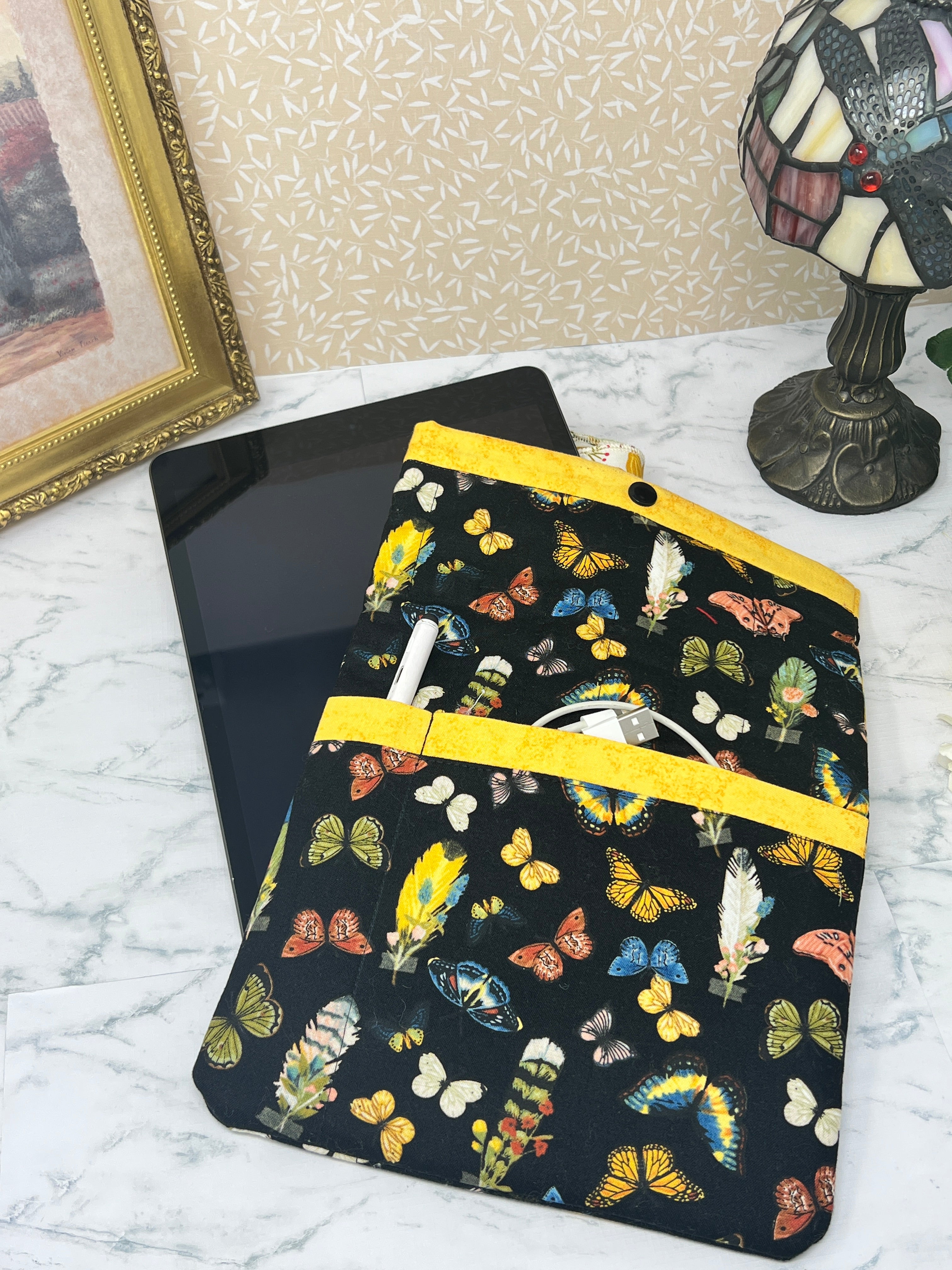 Feathers and Butterflies - Quilted Tablet Sleeve