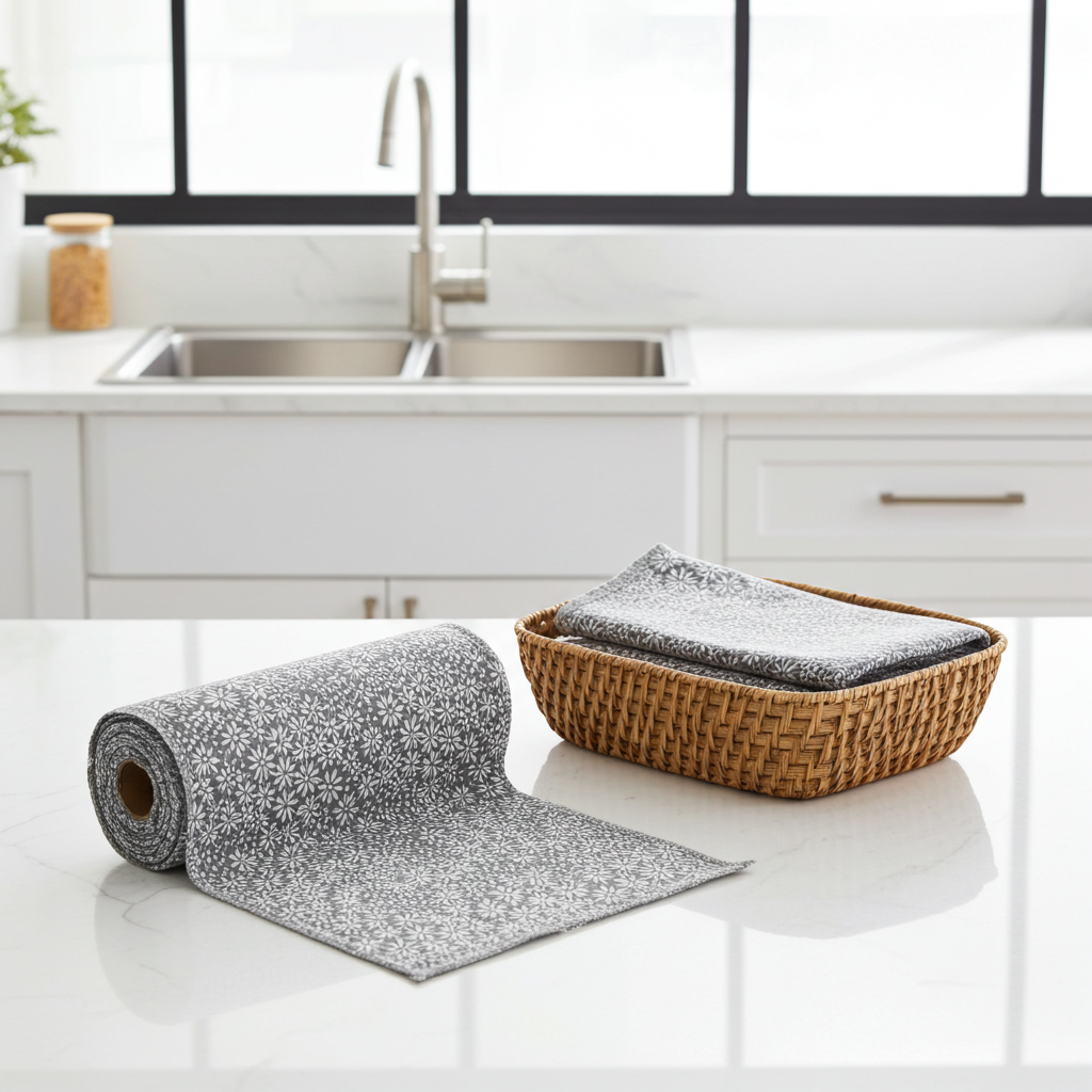 Roll of flannel reusable kitchen towels and also shown folded in a basket on kitchen counter